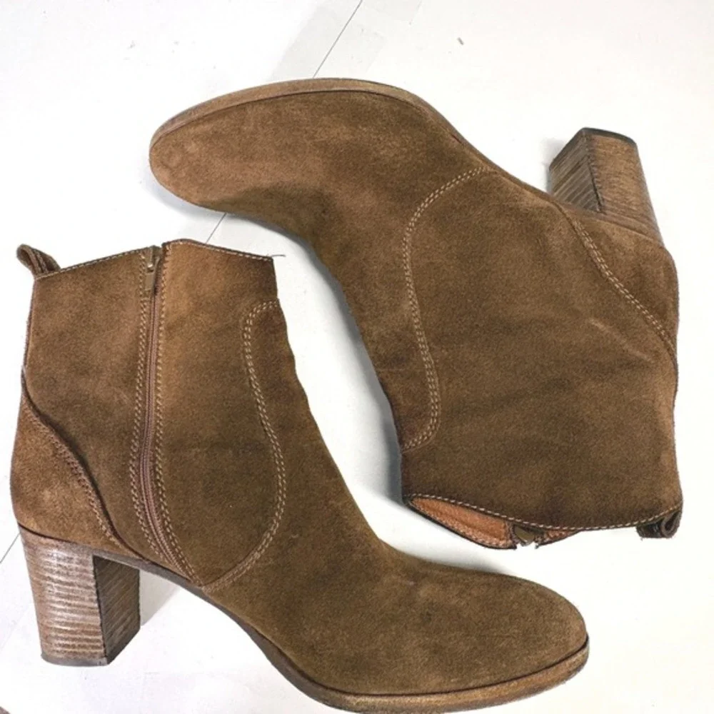 JCrew Brown Suede Ankle Boots 10 Western Boho Ranch Stacked Block‎ Heel Italy